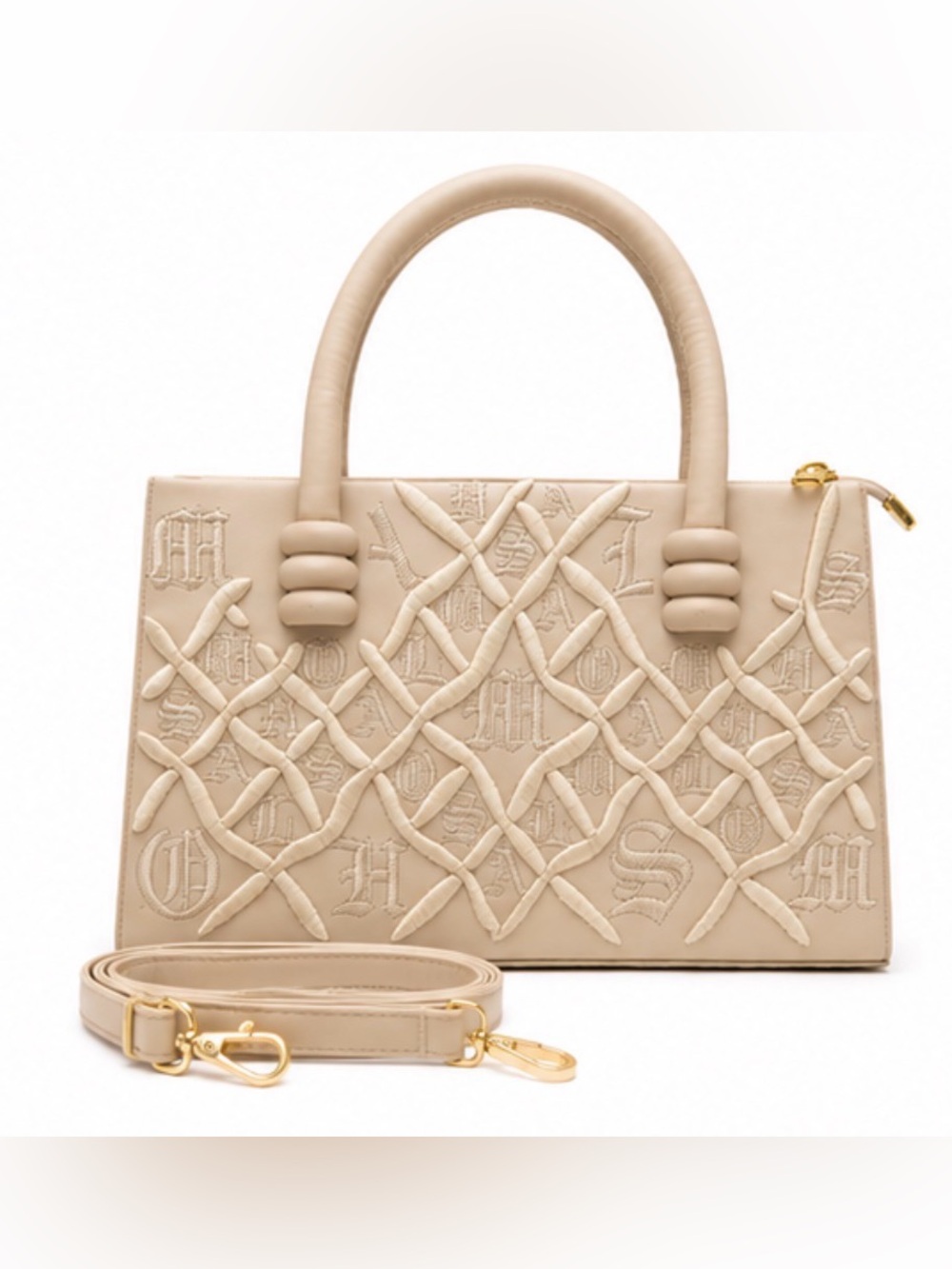 Monogram Embroidered Beige Satchel Crossbody Handbag with Detachable Strap